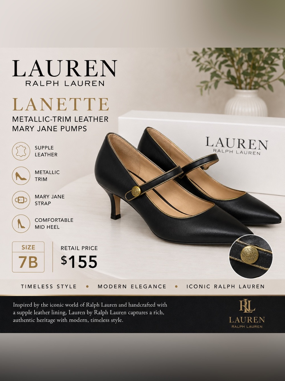 Lauren Ralph Lauren Lanette Metallic-Trim Leather Mary Jane Pumps Black 7B